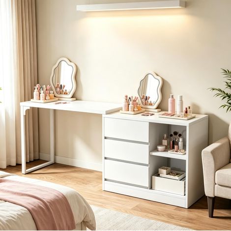 Escritorio esquinero configurable blanco de MDF y metal con 3 cajones y 2 estantes OKWISH (1/5)