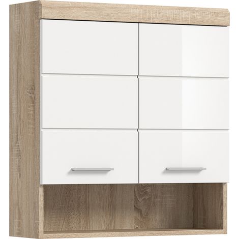 Badezimmer Hängeschrank, 74 cm breit, in Sonoma Eiche mit weiß Hochglanz - SIROCO-158 (1/5)