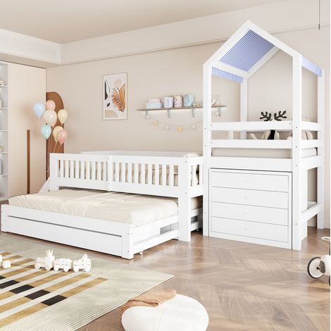 Letto a casetta per bambini 90 x 200 cm con letto estraibile 90 x 190 cm, scala laterale, bianco (1/5)