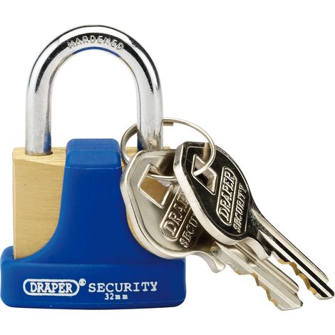 Draper 64164 Solid Brass Padlock and 2 Keys with Hardened Steel Shackle and Bumper, 32mm (1/5)