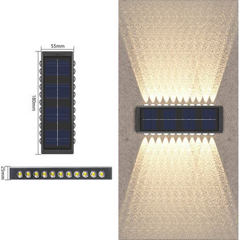 Lampe murale solaire 2 en 1 avec éclairage bidirectionnel haut/bas, 22 LED, lumière chaude, pour extérieur, décoration de clôture, mur ou façade – sans fil, rechargeable par énergie solaire yun