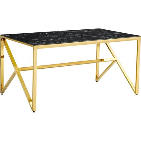 Table à Manger Gold Verre Trempé Marbré Noir – 150×90 cm – MAJESTIQUE (1/5)