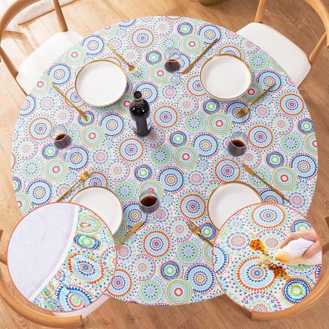 Nappe Ronde ajustée en Vinyle avec Bords élastiques et Envers en Flanelle, imperméable, Nappe de Table Ronde pour intérieur ou extérieur – Convient aux Tables jusqu'à 114,3 cm à 142,2 cm de (1/5)