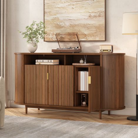 Aparador de 3 puertas, con aspecto de madera, mueble para salón, armario de almacenamiento, MDF, con estructura de líneas verticales y patas de madera de pino, mueble de almacenamiento moderno (1/5)