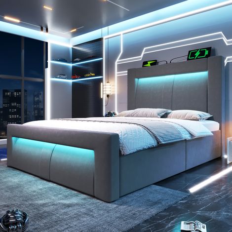 Bett 90x200 Bettgestell mit Stauraum LED Grau HAVRYA (1/5)