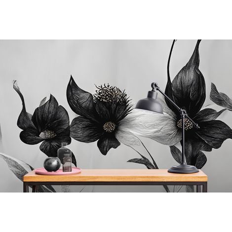 Papier Peint Noir et Blanc - Fleurs Sombres sur Fond Clair - 150 x 250 cm (1/2)