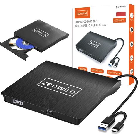 Lecteur/graveur DVD/DVD externe portable Zenwire ECD829-Y 2-en-1 USB 3.0 USB-C pour ordinateur portable