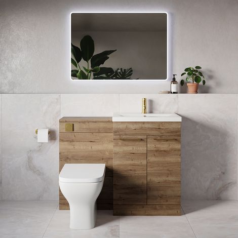 Napoli 390 Tobacco Oak 1100mm 2 Door Vanity Unit Toilet Suite with Glide Basin - 1100mm - Brushed Brass 160mm HandleWith Kingston Toilet Pan and Seat