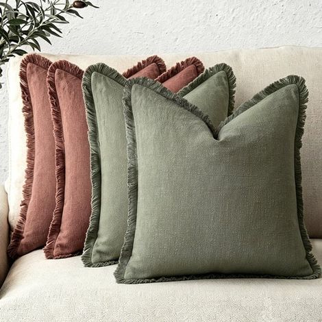 Juego de 4 fundas decorativas de lino para cojines con flecos. Fundas acogedoras de estilo bohemio con borla，color verde militar，45 x 45 cm，verde (1/5)