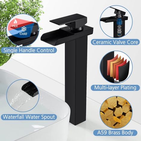 Rubinetto per bagno a cascata nero opaco, rubinetto per lavabo alto UE, rubinetto per lavabo da appoggio quadrato in ottone, acqua calda e fredda, G 3/8 (1/4)