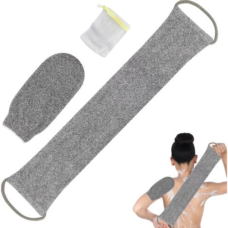 Lot de 3 Accessoires Bain Fibre Bambou - Serviette Gants Filet - Exfoliation Douce et Massage - Pour Salle de Bain Autonome - Gris (1/5)
