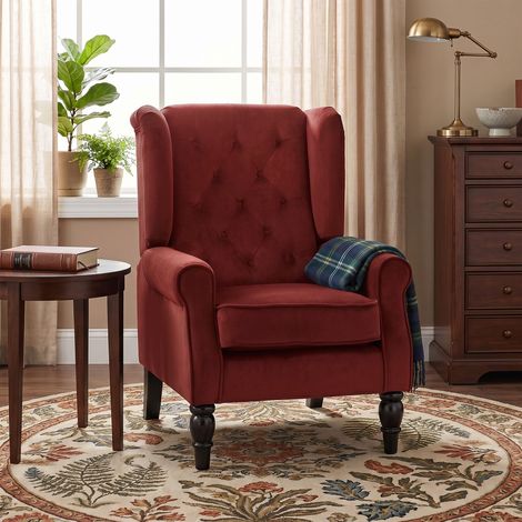 Fauteuil chambre velours glacé, large assise, pieds bois eucalyptus, couleur bordeaux (1/5)
