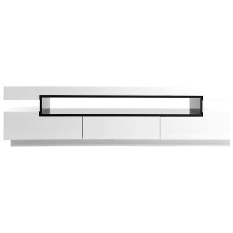 Miliboo – Meuble TV blanc laqué 200 cm – 3 niches L136 x P50 x H18.5 cm – 3 tiroirs L59 x P38 x H10 cm – Design moderne et épuré (1/5)