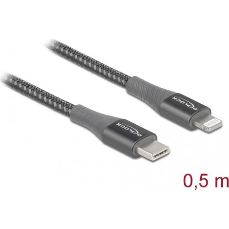 Delock Cable de datos y de carga USB Type-C⢠a Lightning⢠para iPhoneâ¢, iPad⢠y iPod⢠gris 0,5 m MFi