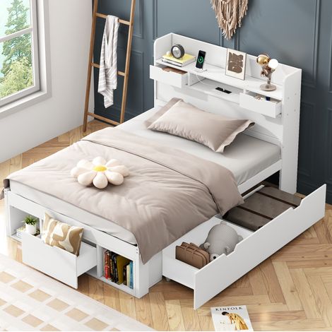Letto singolo in legno di pino bianco 90x200 cm con USB/Type-C, cassetti e vani contenitore (1/4)