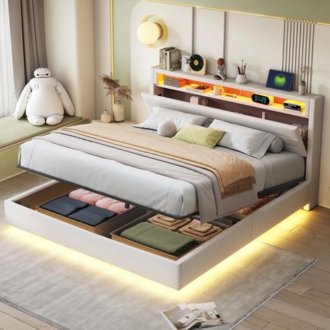 Lit rembourré 160x200cm, sommier suspendu hydrauliquement avec rangement, lit rembourré multifonctionnel avec prise USB et éclairage LED, tête de lit réversible, lin beige, garantie 2 ans