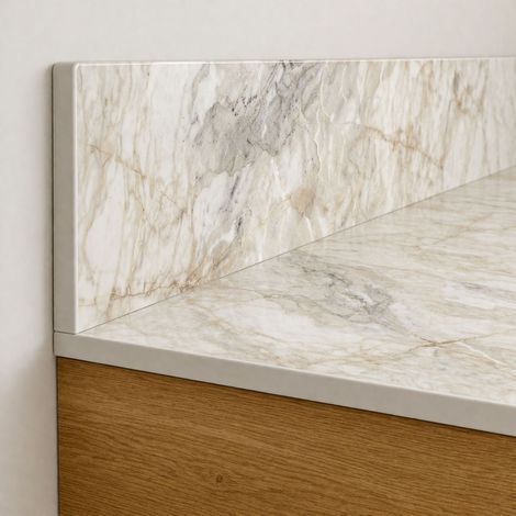 Plan de travail de salle de bain en stratifié haute pression (HPL) pour meuble de 70 cm, coloris Breccia 71 x 35,5 cm, avec panneau de 30 cm. (1/5)