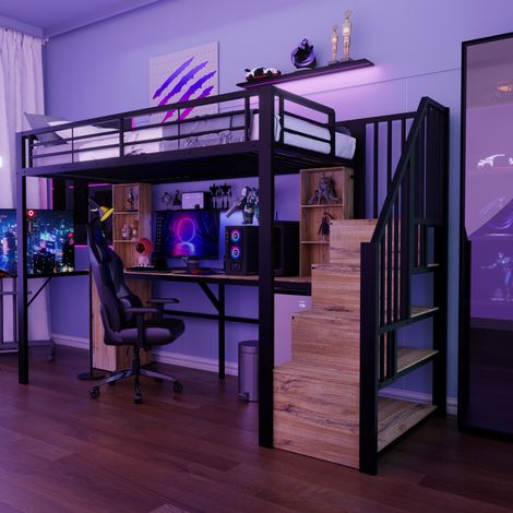 Letto a soppalco 90x200 in metallo con scrivania, vani portaoggetti, scala e USB nero DESVIAE (1/5)