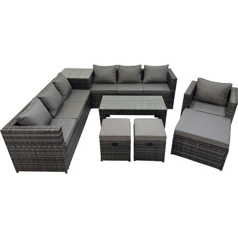 Fimous Garden Rattan Outdoor Furniture Set 10 Seater Patio Corner Sofa Oblong Coffee Table with 3 Stool Side Table Dark Grey (1/5)