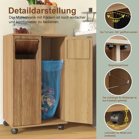 Armoire à déchets 2 compartiments, meuble de cuisine roulant aspect chêne, placard de tri avec 2 portes et roulettes, pour cuisine et salle à manger, 46,7 x 35 x 80 cm (1/5)