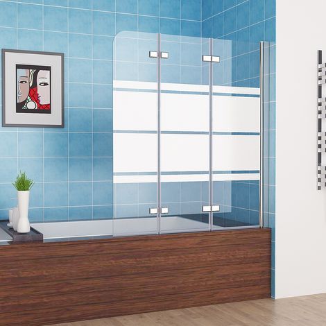 MIQU Duschwand für Badewanne 130x140 cm 3-teilig Faltbar Duschtrennwand Glas Duschabtrennung mit Weiße Streifenmuster & Milchglas, Dusche Badewannenaufsatz ESG Sicherheitsglas (1/5)