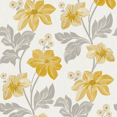 Grandeco Clematis Trail Yellow Wallpaper Flowers Textured Feature Wall Vinyl (1/4)