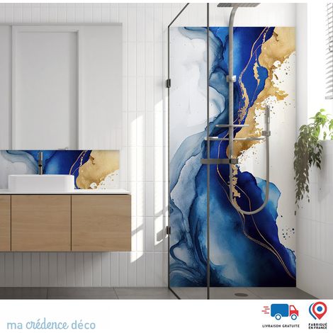 Panneau de douche : Aquarelle graphique bleu profond et or 2 - Alu composite - 90 - 245 (1/3)