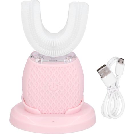 Bro brochette U: Brosse à dents électrique ultrasonique automatique en silicone rose, nettoyage 360° en 45 secondes, autonomie 10 jours, charge rapide USB. (1/5)