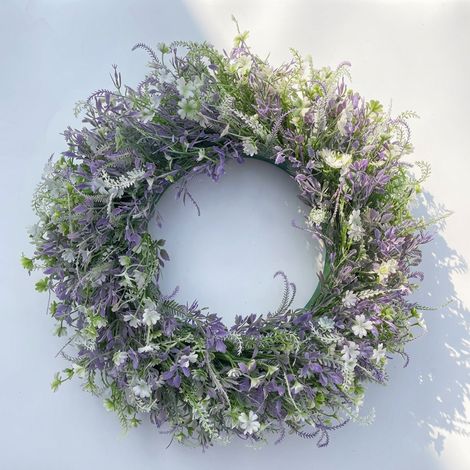 Couronne de fleurs artificielles violettes et blanches mélangées, style forêt, pour la décoration de porte et la décoration intérieure.-AquaForge (1/5)