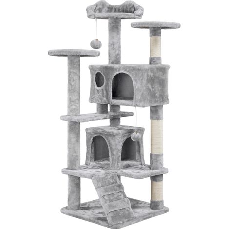 Yaheetech Albero Tiragraffi per Gatti 137 cm con 2 Palle Sisal Naturale Giocattolo Grigio Chiaro (1/5)