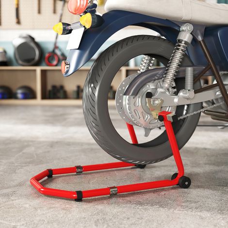 Soporte convertible para motocicleta, delantero y trasero, capacidad de 385 kg, soporte ajustable con horquillas en forma de U y L, ruedas y almohadillas antideslizantes, para garaje y taller, color r