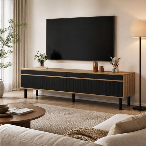 Meuble TV 170 x 38 cm avec 4 portes, ouverture push-to-open, noir et bois naturel DESVIAE (1/5)