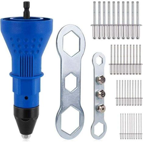 Pistolet à rivet pour perceuse sans fil électrique - Outil de rivetage sans fil - Adaptateur d'écrou - Avec 3 têtes convertibles + 40 rivets pop (1/4)
