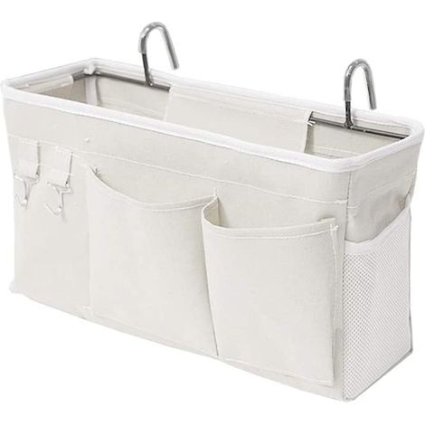 Bolsa organizadora para cama con gancho metálico, bolsa colgante, bolsa de almacenamiento para cama alta para libros, revistas, teléfonos móviles, almacenamiento de auriculares (blanco) (1/4)