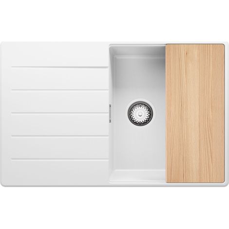 PRIMAGRAN Evier Cuisine en Granit 78x50cm, Lavabo 1 bac + Kit de Vidage + Planche à Découper, Évier à Encastrer au meuble 50cm - Copenhague, Blanc