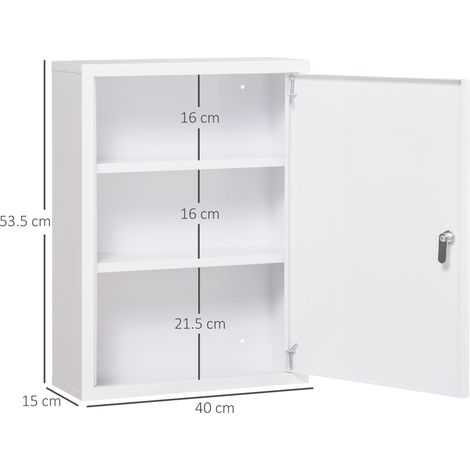 Armoire à pharmacie à trois niveaux avec serrure et deux clés, en acier, 40x15x53,5cm, blanche. (1/5)