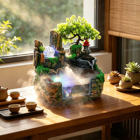Fontaine de table décorative avec cascade et LED, fontaine à plusieurs niveaux pour plan de travail – marron et vert, 30×20×30cm, 220V (1/5)