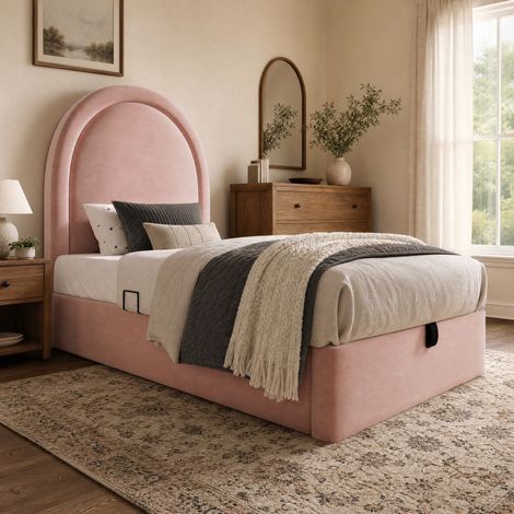 Cama infantil 90x190 cm de terciopelo rosa con arcón, sin colchón -FLORAGRACE (1/5)
