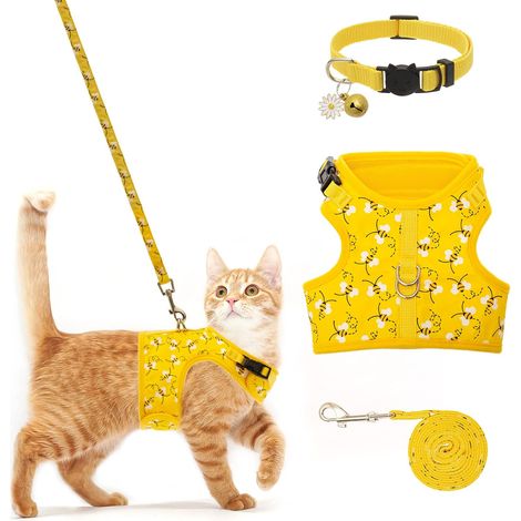 Pettorina per gatti con guinzaglio e collare per passeggiate – Anti-fuga – Pettorina morbida regolabile per gatti di taglia media e grande – gialla – M (1/5)