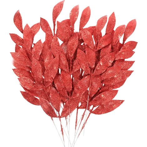 16 branches de feuilles artificielles de Noël, brillantes rouges, flexibles avec tige métallique, pour guirlandes, couronnes et décoration de fêtes (1/5)