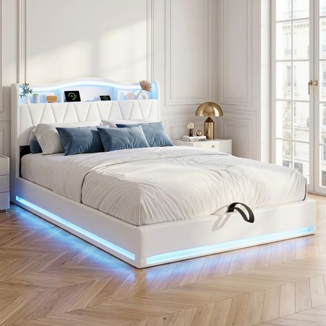 Lit coffre 140x200 cm avec éclairage LED, tête de lit de rangement, Fonction de charge USB, sommier à lattes en bois, Lit capitonné en velours - Beige (1/5)