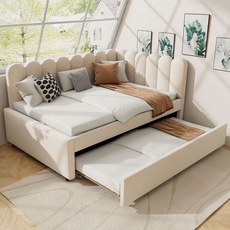lit gigogne 140x200, gain d'espace canapé gigogne, couchage d'appoint, velours beige, dossier pétale (1/5)