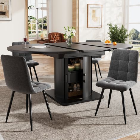 Set da pranzo allungabile 118x118x76 cm, salvaspazio con vano contenitore, MDF e lino, nero (1/5)