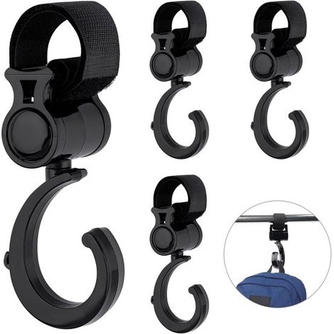 Lot de 4 crochets rotatifs à 360° pour déambulateur et poussette, clips multifonctions pour sac à langer, canne, fauteuil roulant, caddie et guidon de vélo (1/5)