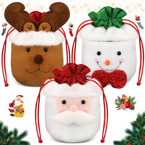 Lot de 3 sacs cadeaux de Noël avec cordon de serrage, sacs en tissu imprimés en 3D (bonbons/pomme/bonhomme de neige/renard/Père Noël), sacs à friandises réutilisables pour les cadeaux et les petits pr