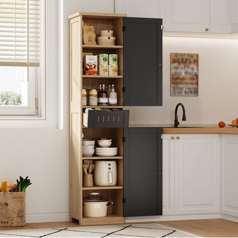Hochschrank 40x30x170 cm Natur und Schwarz aus MDF mit 2 Türen, 1 Schublade und 4 verstellbaren Einlegeböden (1/5)