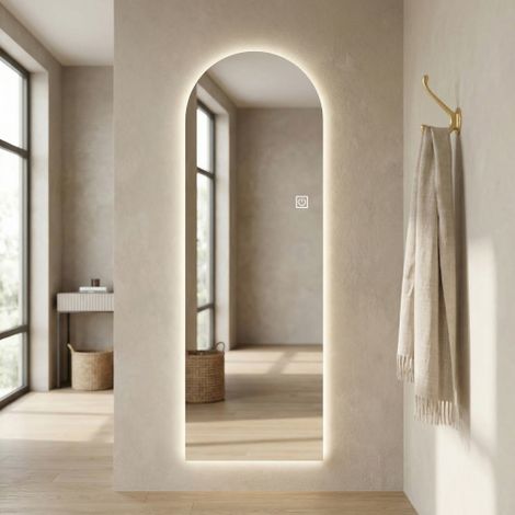Specchio LED da parete ad alta risoluzione 150 x 50 cm con illuminazione integrata ad arco, regolazione tattile della luminosità e 3 temperature di colore (3000 K / 4000 K / 6000 K), funzione memoria 