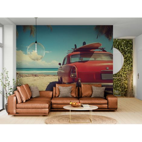 Papier peint Vintage – voiture rétro sur plage - 150 x 250 cm (1/2)