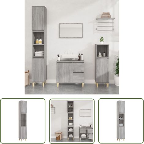 The Living Store Armoire de bain sonoma gris 30x30x190 cm bois d'ingénierie - Meuble De Salle De Bain - Armoire De Salle De Bain - Rangement Salle De Bain - Commode Salle De Bain - Mobilier Salle De B (1/5)