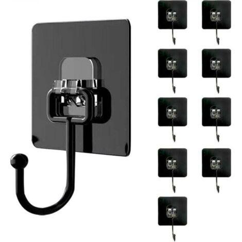Lot de 10 Cochet Adhésif Mural(Maximum 30 kg) - Noir - Étanche et Sans Trace - Fixation Murale Sans Percer Pour Salle de Bain, Plafond, Crochet Mural, Ustensiles de Cuisine, Clés, Sac à Dos (1/4)
